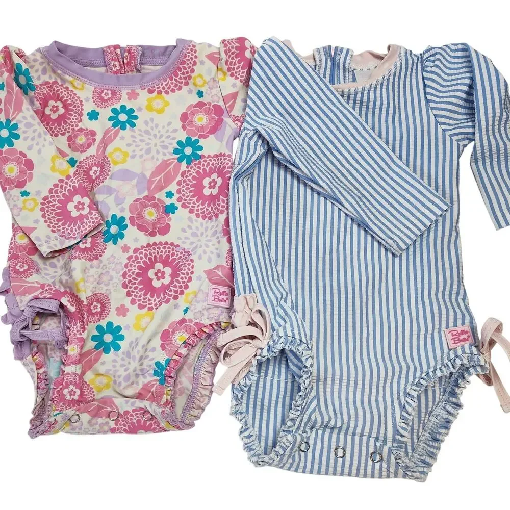 RuffleButts Baby Girl 6–12M Long Sleeve One Piece Swimsuit Set seersucker